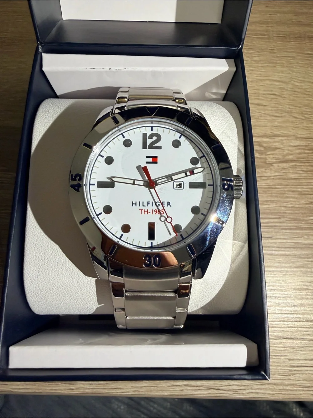 Tommy Hilfiger Silver Stainless Steel Watch with White Dial and Red Accents